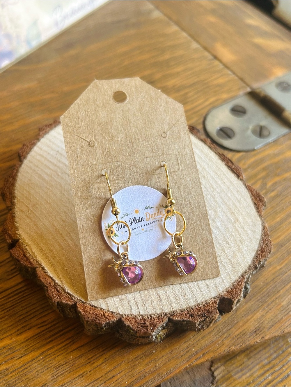 Pink Rhinestone Ladybug Dangle Earrings Gold Tone Sparkle - Picture 2 of 4
